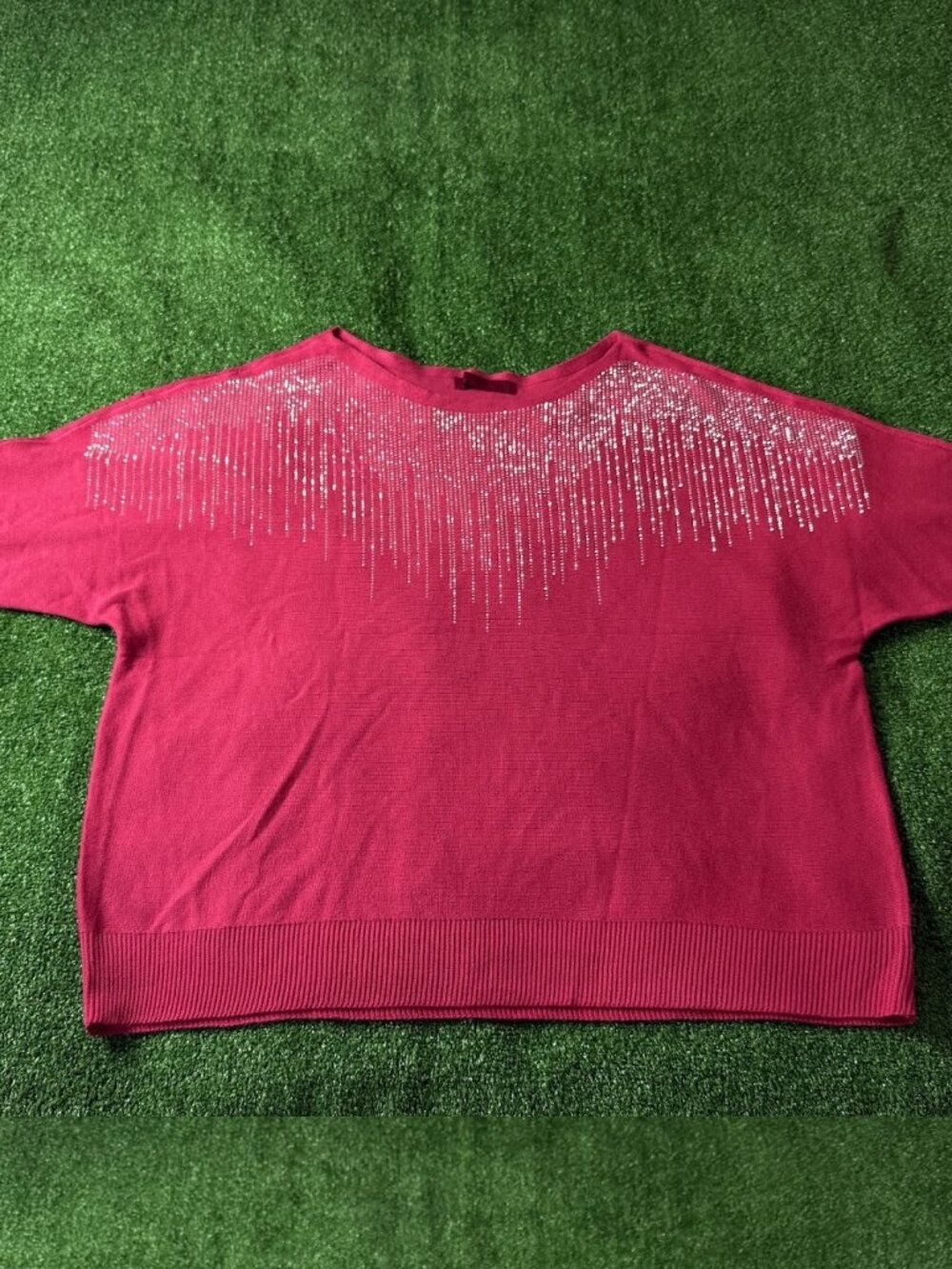 Love Scarlett Red Knit Sweater Rhinestone Cascade Dolman Sleeve Top 2X NEW